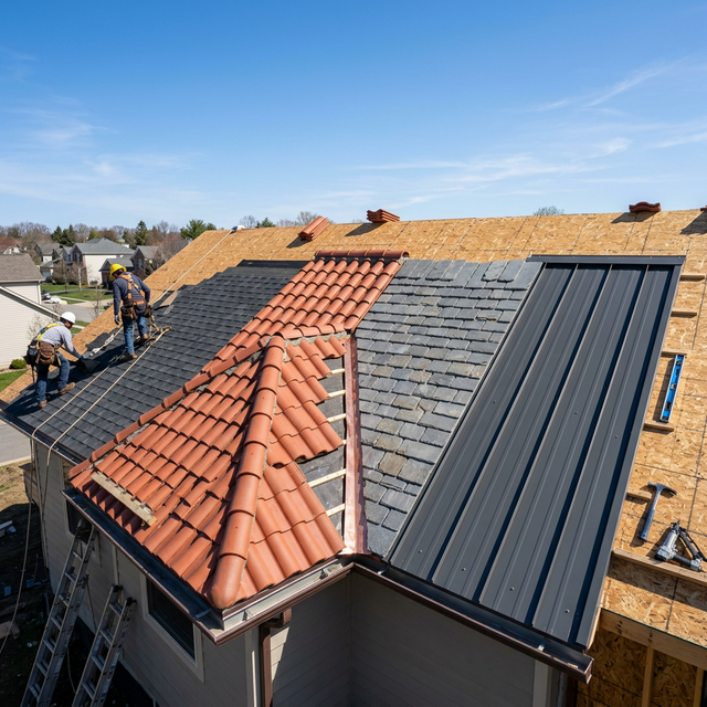 Different roofing materials including asphalt shingles, metal panels, clay tiles and slate arranged on a residential roof