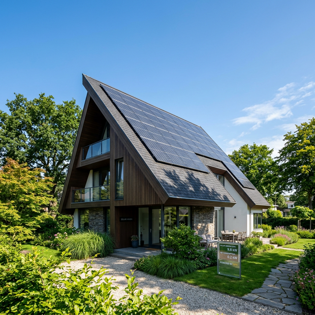 Modern home with solar panels installed on a steep pitched roof demonstrating energy-efficient roof design