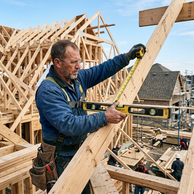 Carpenter measuring roof pitch with a level and tape measure on wooden rafters at a construction site